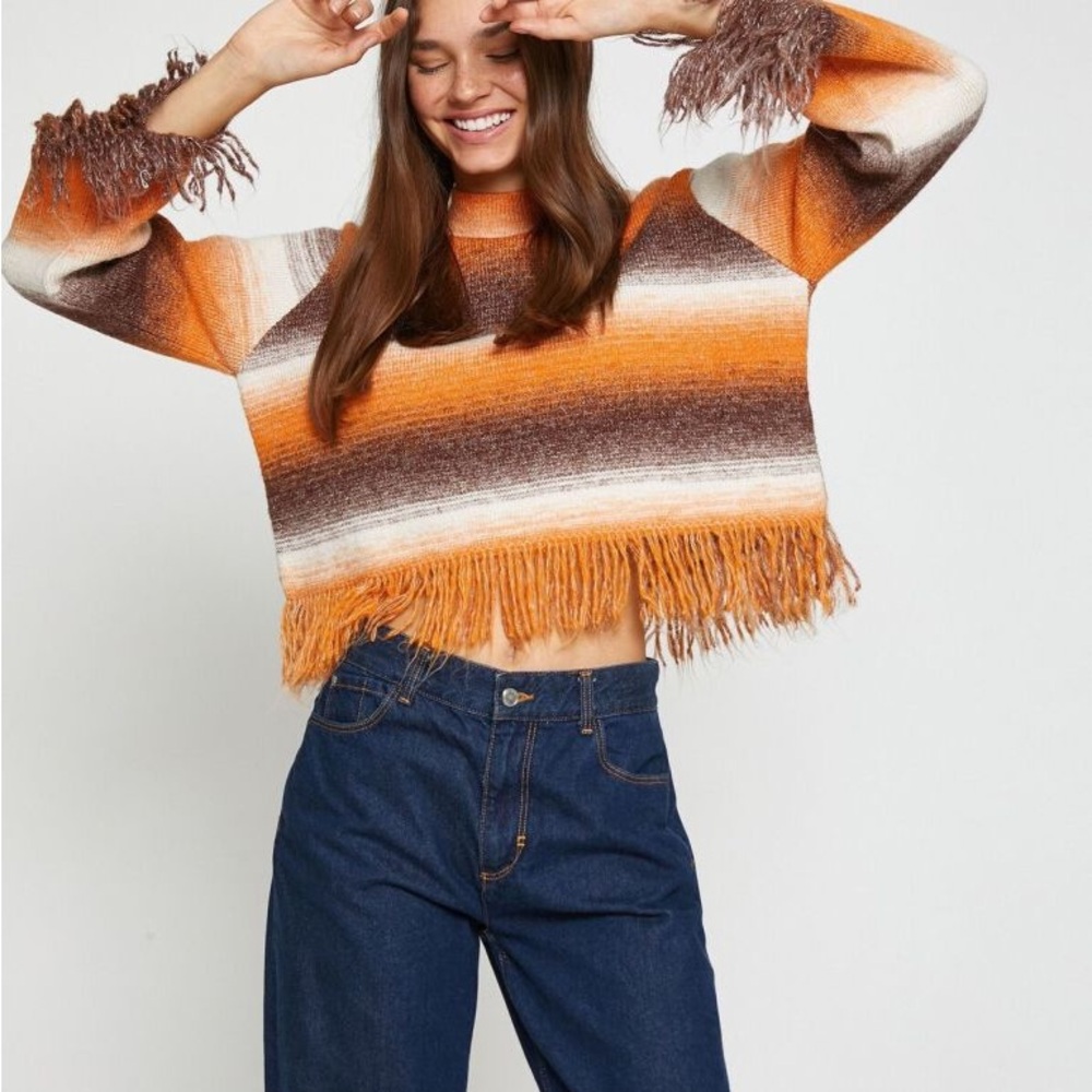 Zara Fringe Knit Cropped Sweater Western Southwestern Cowl Neck Size L